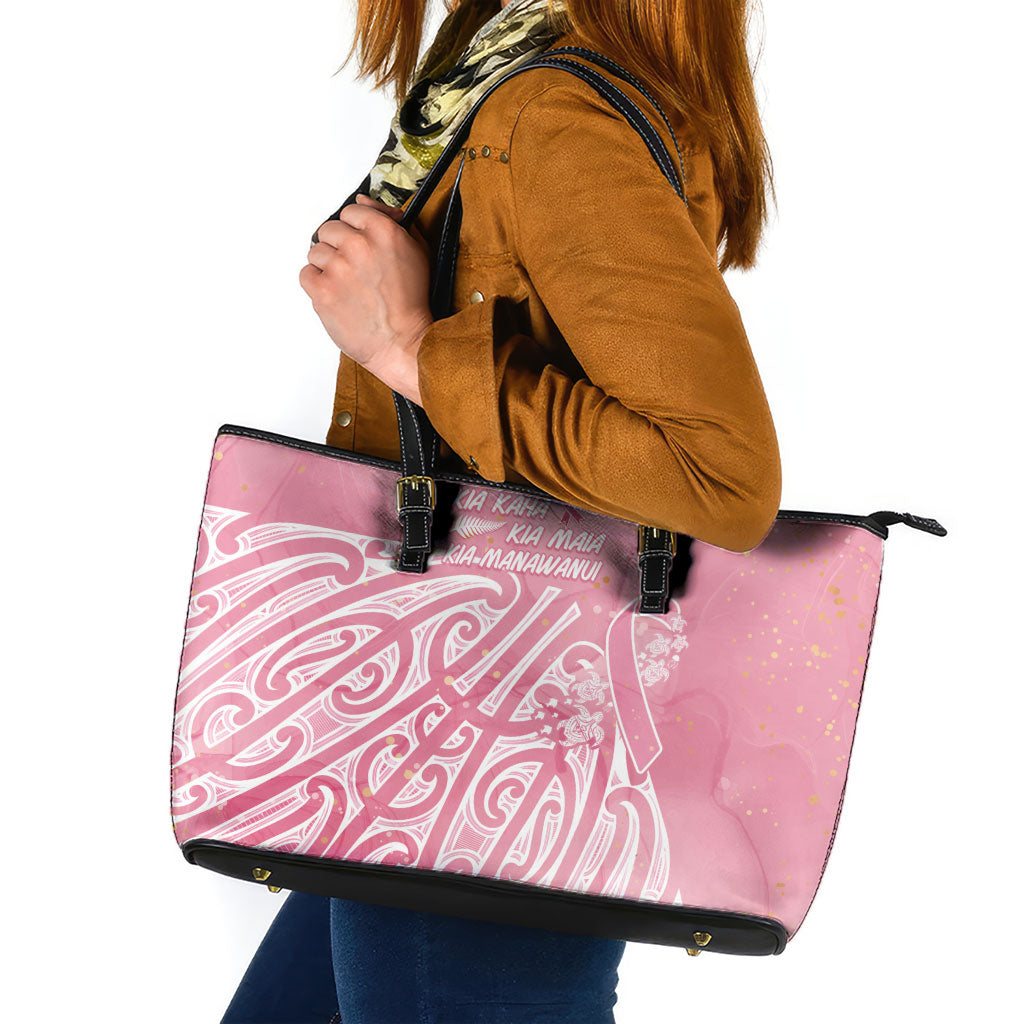 Breast Cancer Pink October Maori Leather Tote Bag Kia Kaha Kia Maia Kia Manawanui