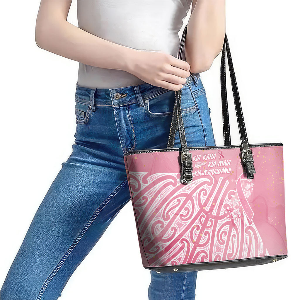 Breast Cancer Pink October Maori Leather Tote Bag Kia Kaha Kia Maia Kia Manawanui