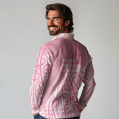 Breast Cancer Pink October Maori Long Sleeve Polo Shirt Kia Kaha Kia Maia Kia Manawanui