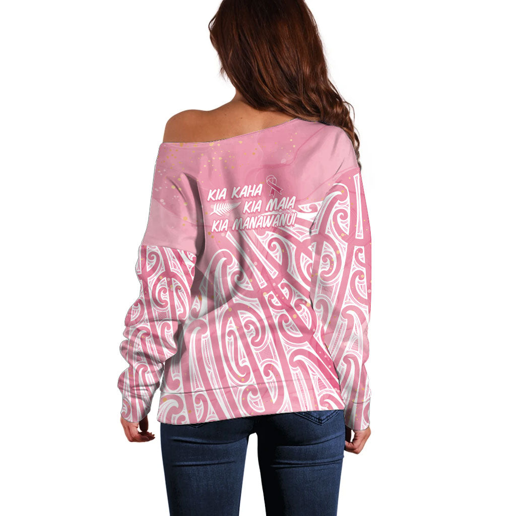 Breast Cancer Pink October Maori Off Shoulder Sweater Kia Kaha Kia Maia Kia Manawanui