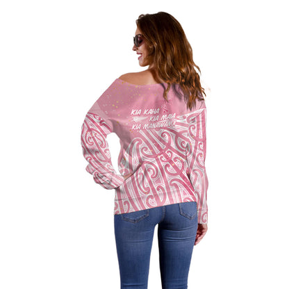 Breast Cancer Pink October Maori Off Shoulder Sweater Kia Kaha Kia Maia Kia Manawanui