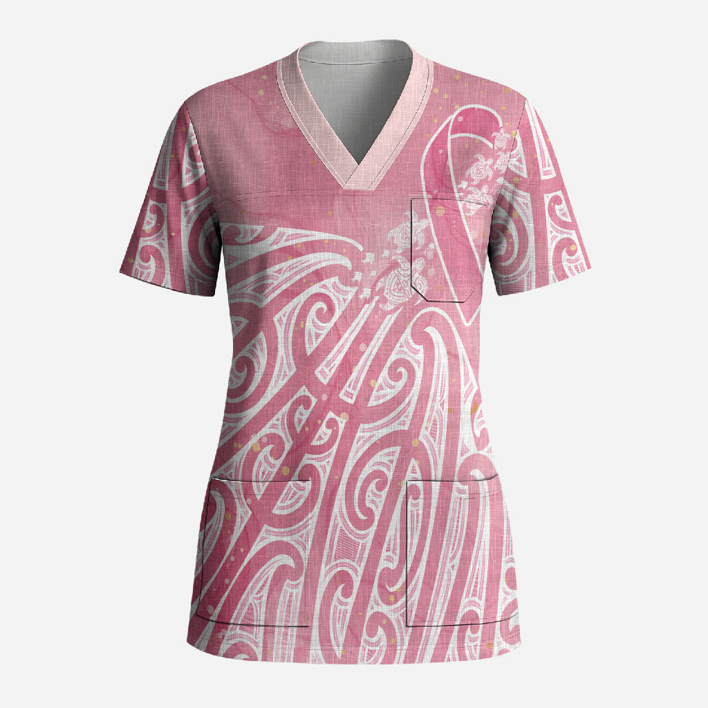 Breast Cancer Pink October Maori Scrub Top Kia Kaha Kia Maia Kia Manawanui