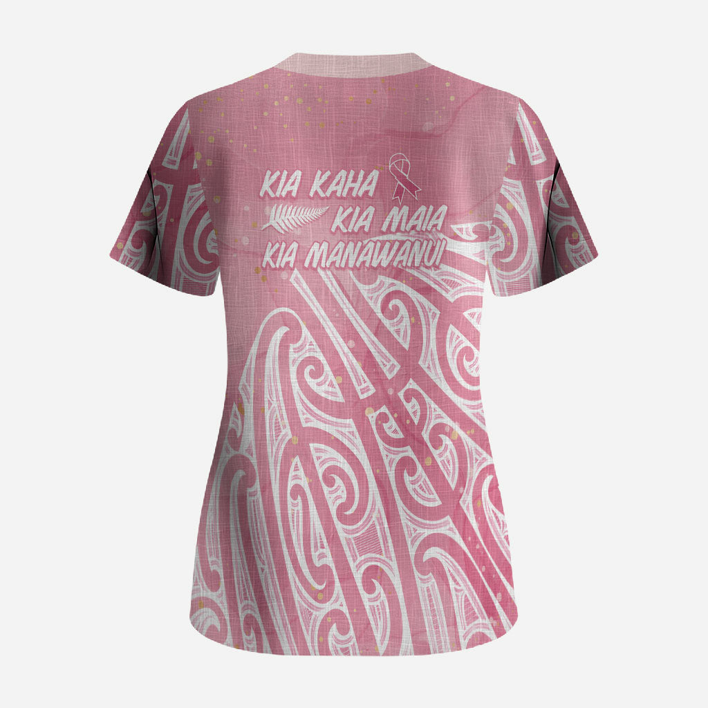 Breast Cancer Pink October Maori Scrub Top Kia Kaha Kia Maia Kia Manawanui