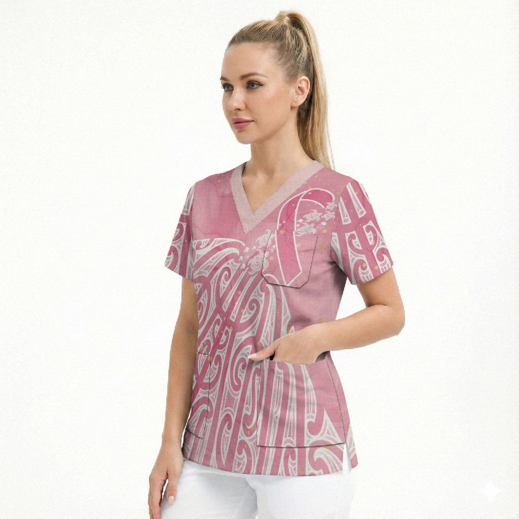 Breast Cancer Pink October Maori Scrub Top Kia Kaha Kia Maia Kia Manawanui