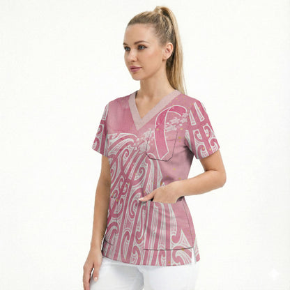 Breast Cancer Pink October Maori Scrub Top Kia Kaha Kia Maia Kia Manawanui