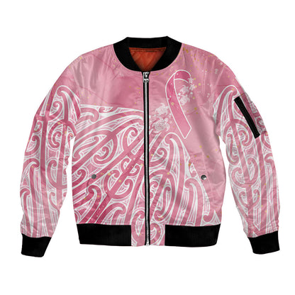 Breast Cancer Pink October Maori Sleeve Zip Bomber Jacket Kia Kaha Kia Maia Kia Manawanui