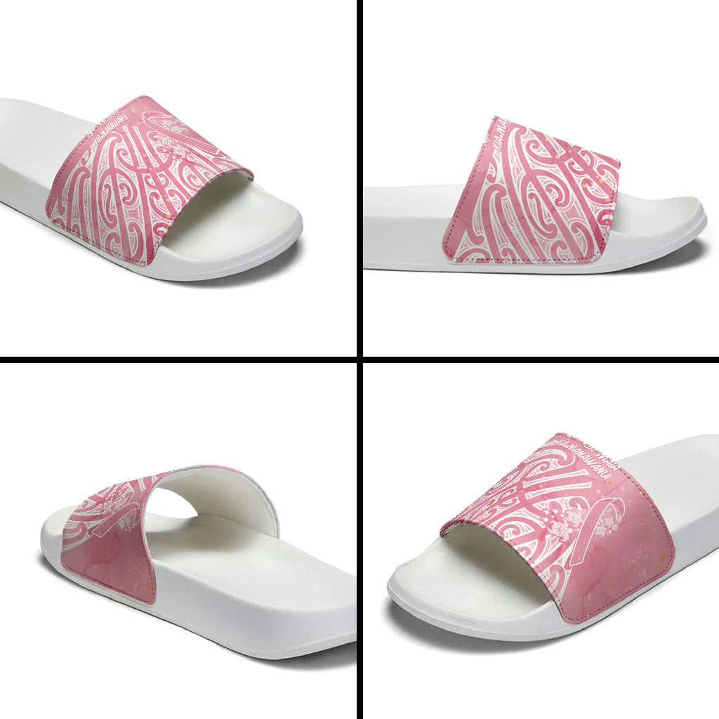 Breast Cancer Pink October Maori Slide Sandals Kia Kaha Kia Maia Kia Manawanui