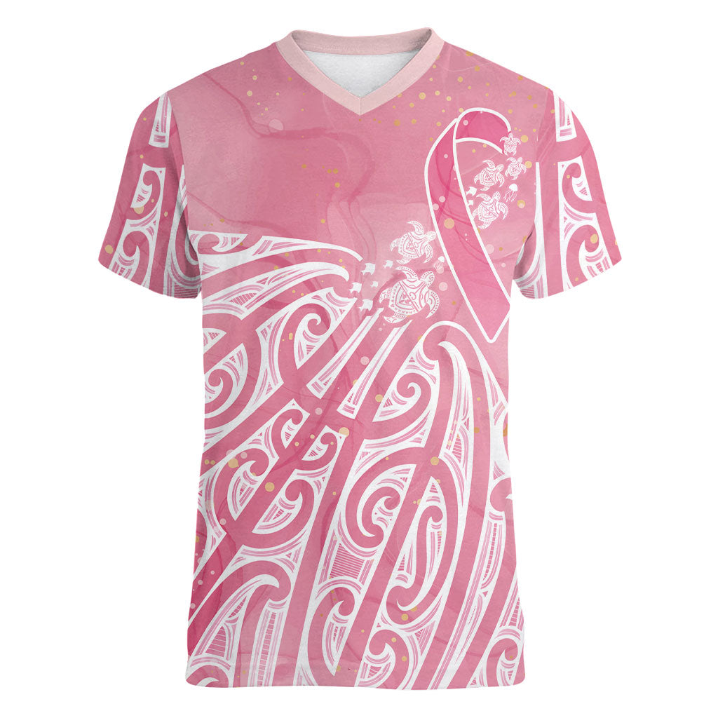 Breast Cancer Pink October Maori Women V-Neck T-Shirt Kia Kaha Kia Maia Kia Manawanui
