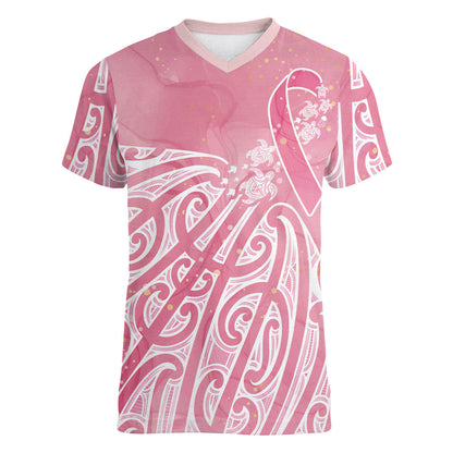 Breast Cancer Pink October Maori Women V-Neck T-Shirt Kia Kaha Kia Maia Kia Manawanui