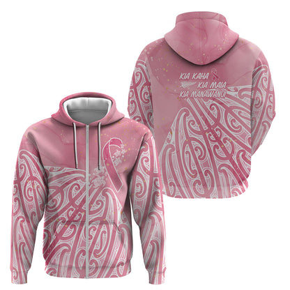Breast Cancer Pink October Maori Zip Hoodie Kia Kaha Kia Maia Kia Manawanui