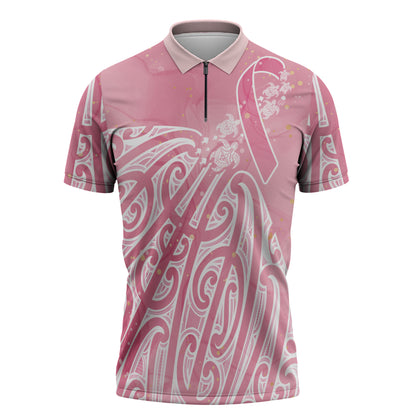 Breast Cancer Pink October Maori Zipper Polo Shirt Kia Kaha Kia Maia Kia Manawanui