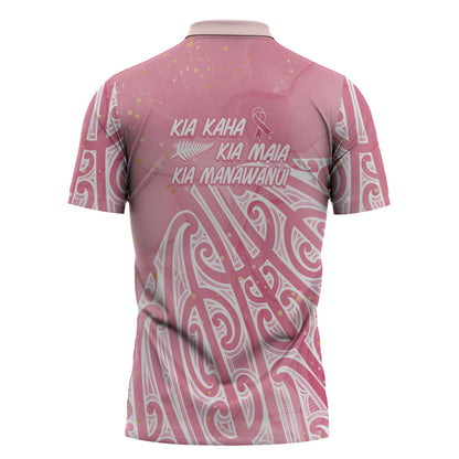 Breast Cancer Pink October Maori Zipper Polo Shirt Kia Kaha Kia Maia Kia Manawanui