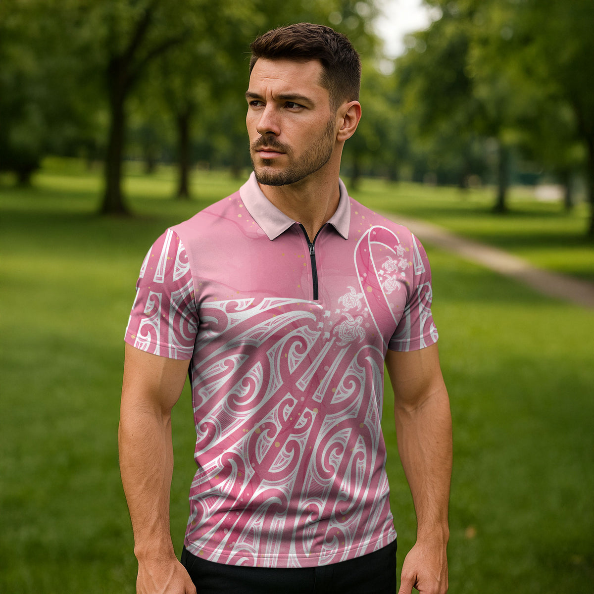 Breast Cancer Pink October Maori Zipper Polo Shirt Kia Kaha Kia Maia Kia Manawanui
