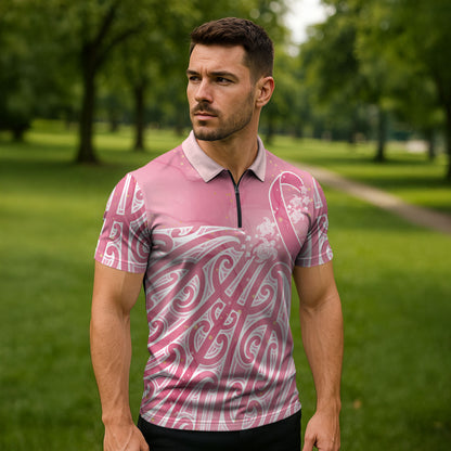 Breast Cancer Pink October Maori Zipper Polo Shirt Kia Kaha Kia Maia Kia Manawanui