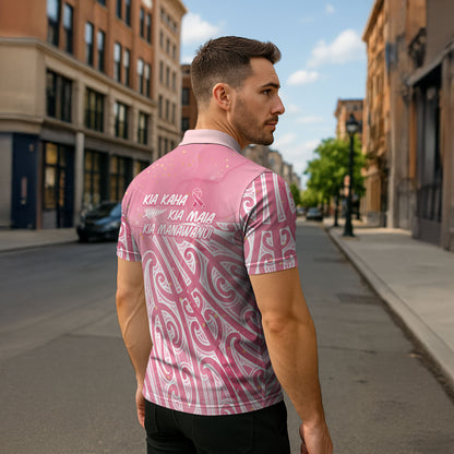 Breast Cancer Pink October Maori Zipper Polo Shirt Kia Kaha Kia Maia Kia Manawanui