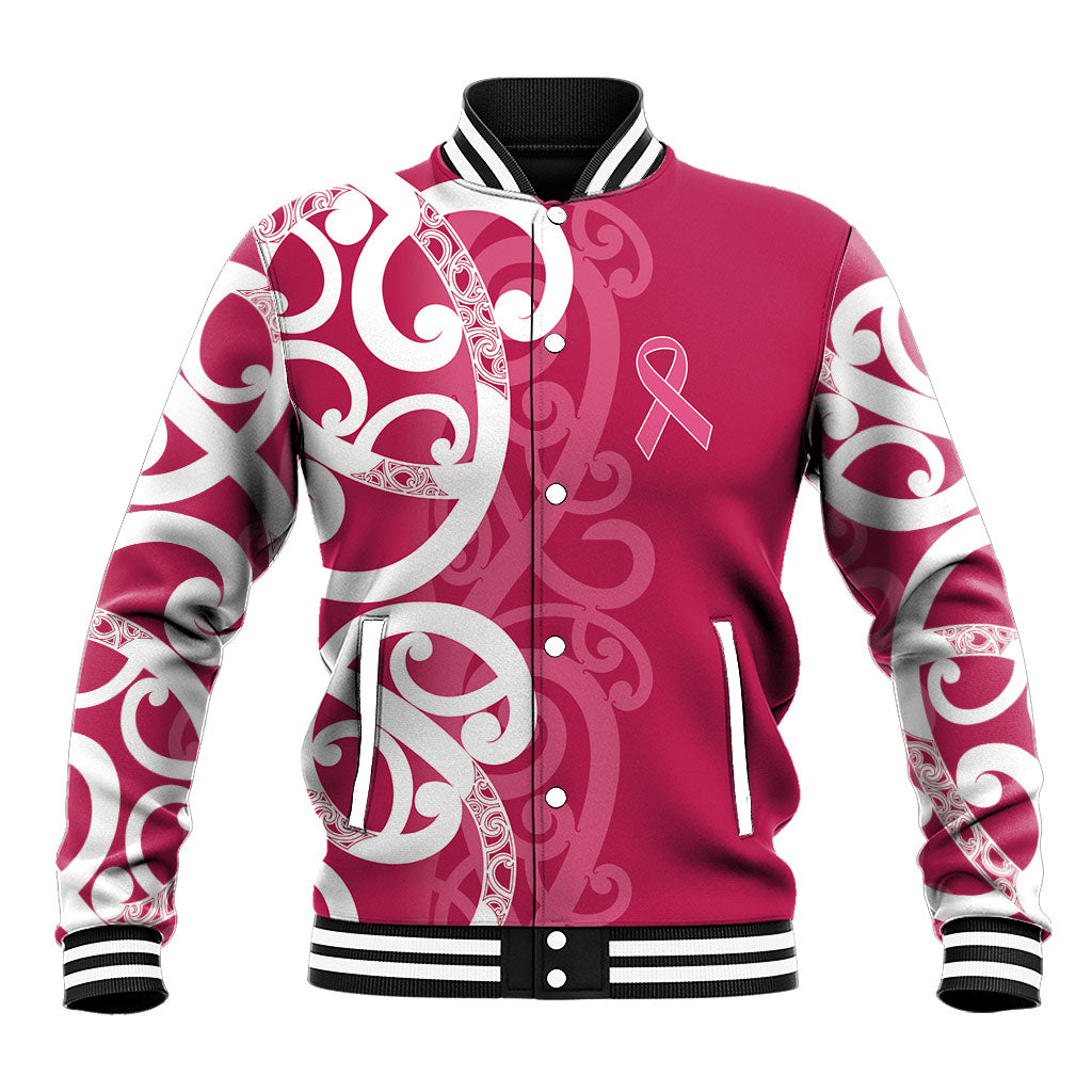 Breast Cancer Pink October Maori Baseball Jacket Koru Kowhaiwhai