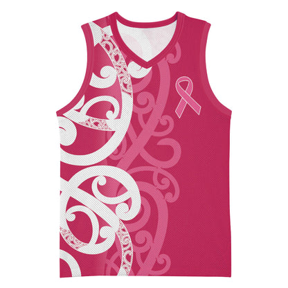 Breast Cancer Pink October Maori Basketball Jersey Koru Kowhaiwhai
