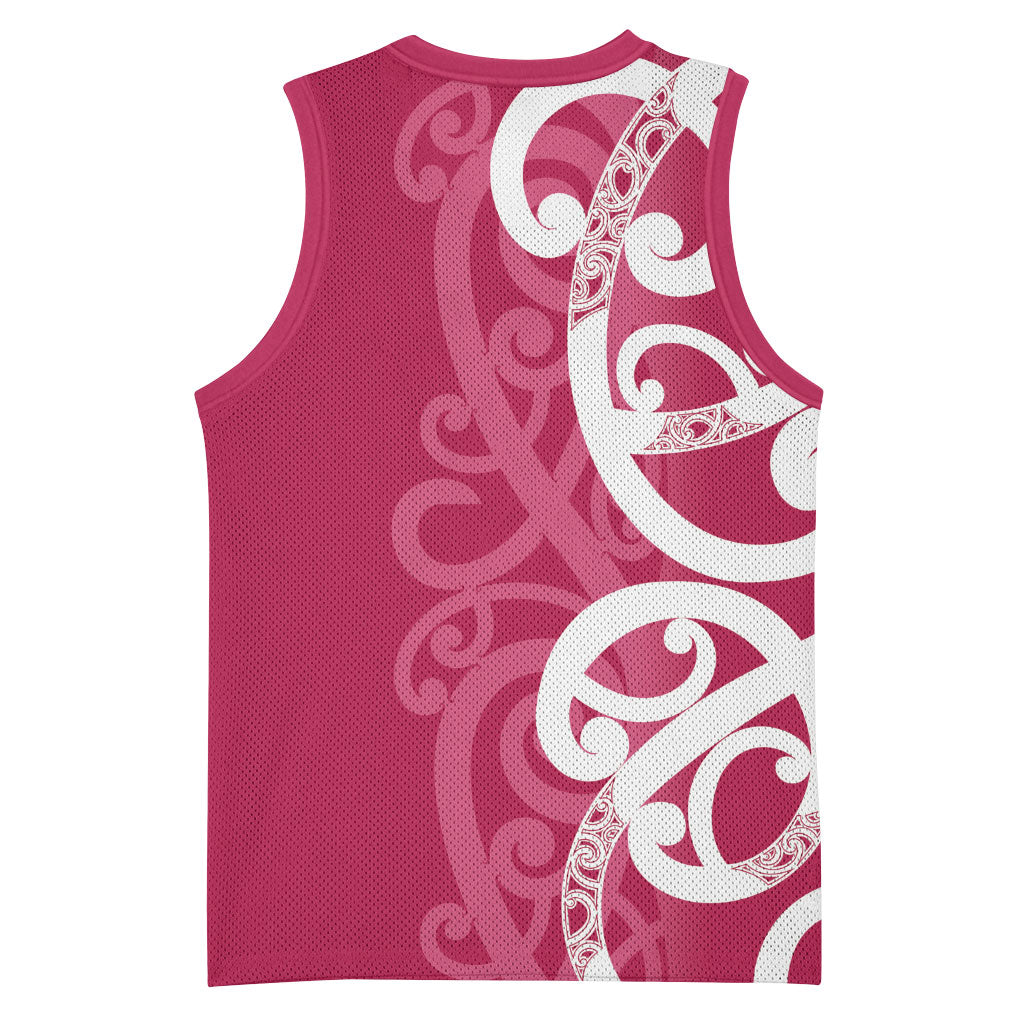 Breast Cancer Pink October Maori Basketball Jersey Koru Kowhaiwhai
