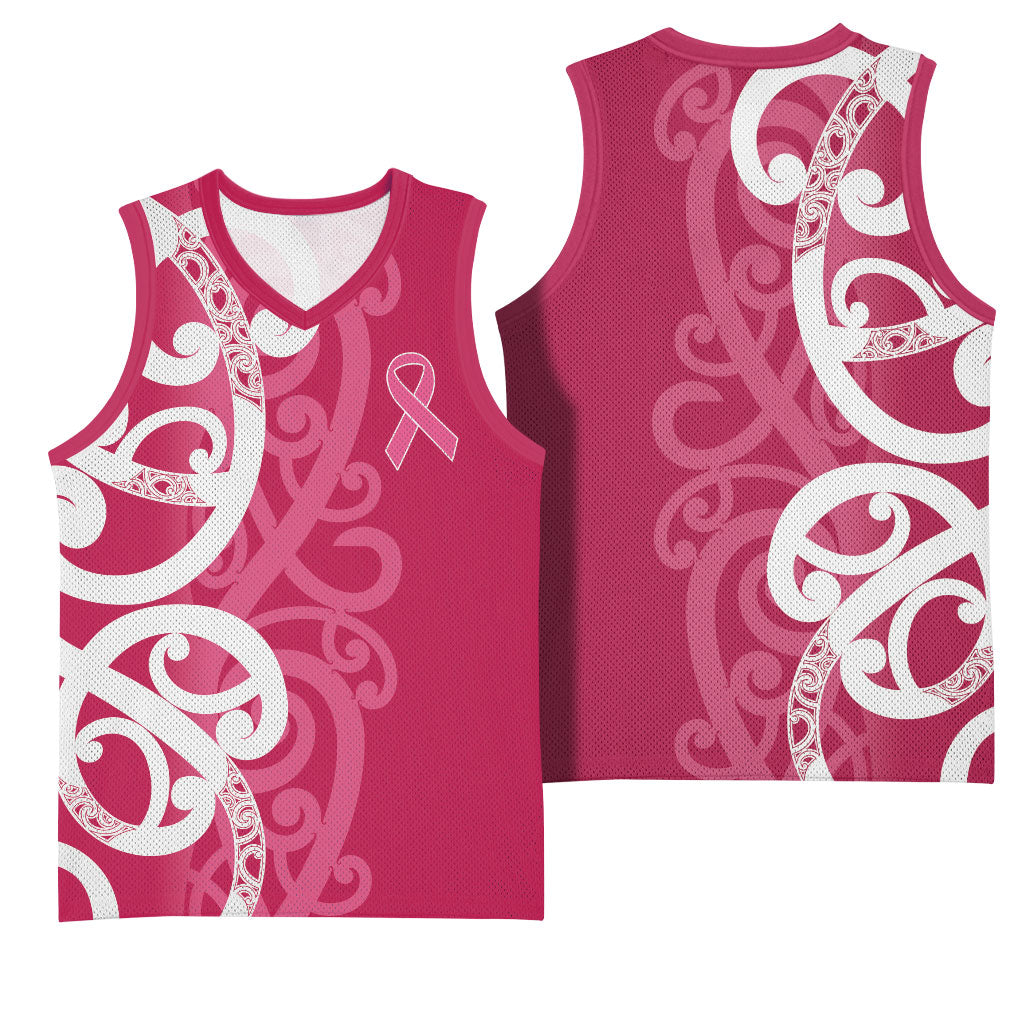 Breast Cancer Pink October Maori Basketball Jersey Koru Kowhaiwhai