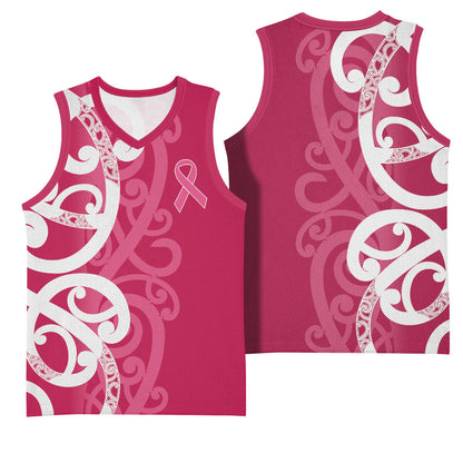 Breast Cancer Pink October Maori Basketball Jersey Koru Kowhaiwhai