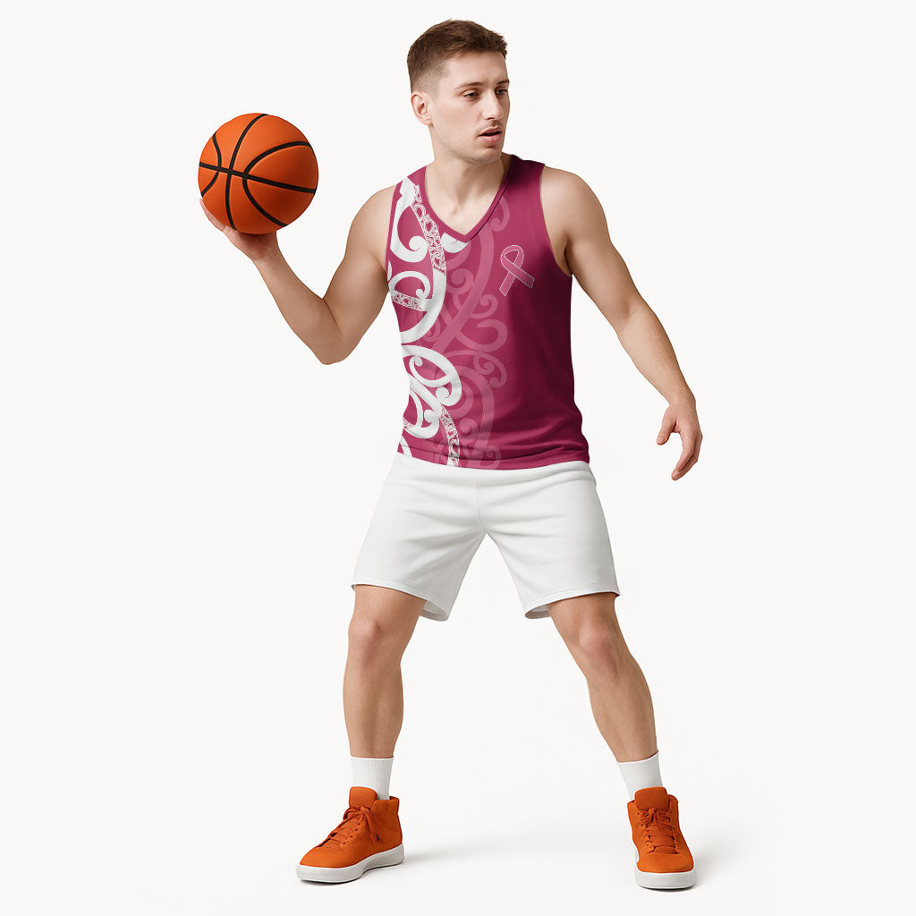 Breast Cancer Pink October Maori Basketball Jersey Koru Kowhaiwhai