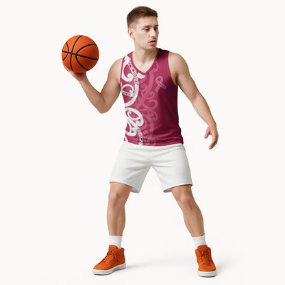Breast Cancer Pink October Maori Basketball Jersey Koru Kowhaiwhai