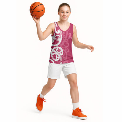 Breast Cancer Pink October Maori Basketball Jersey Koru Kowhaiwhai
