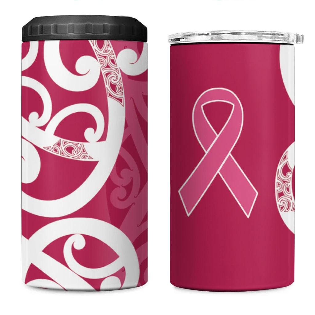 Breast Cancer Pink October Maori 4 in 1 Can Cooler Tumbler Koru Kowhaiwhai