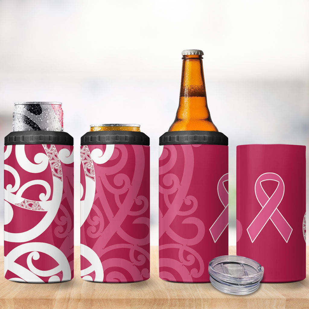 Breast Cancer Pink October Maori 4 in 1 Can Cooler Tumbler Koru Kowhaiwhai