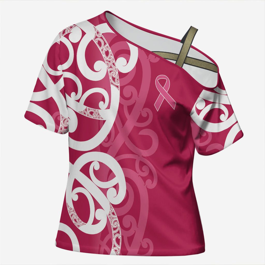Breast Cancer Pink October Maori Cross Shoulder Shirt Koru Kowhaiwhai
