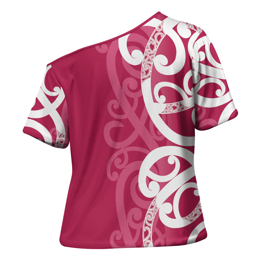 Breast Cancer Pink October Maori Cross Shoulder Shirt Koru Kowhaiwhai