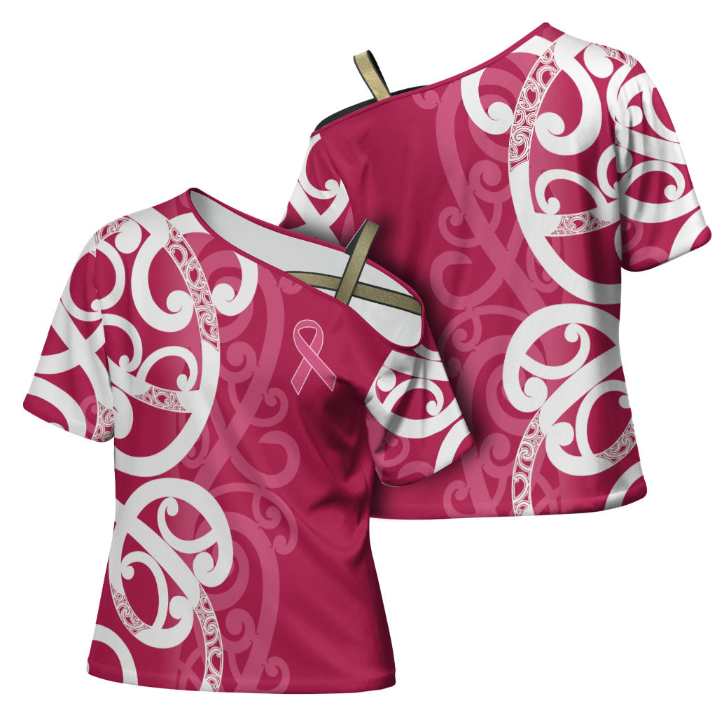 Breast Cancer Pink October Maori Cross Shoulder Shirt Koru Kowhaiwhai