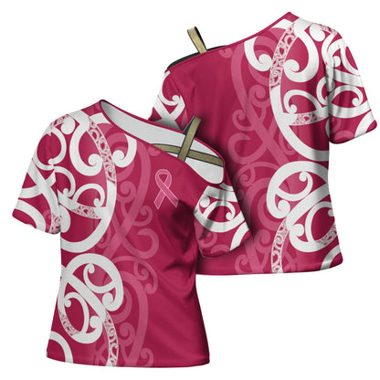 Breast Cancer Pink October Maori Cross Shoulder Shirt Koru Kowhaiwhai