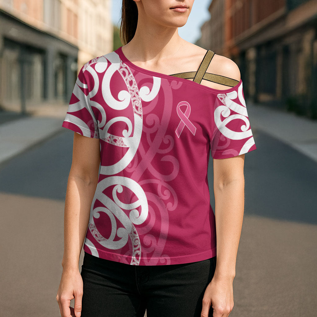 Breast Cancer Pink October Maori Cross Shoulder Shirt Koru Kowhaiwhai