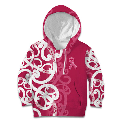 Breast Cancer Pink October Maori Kid Hoodie Koru Kowhaiwhai
