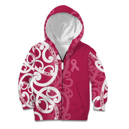 Breast Cancer Pink October Maori Kid Hoodie Koru Kowhaiwhai