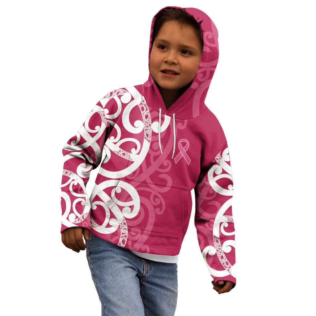 Breast Cancer Pink October Maori Kid Hoodie Koru Kowhaiwhai