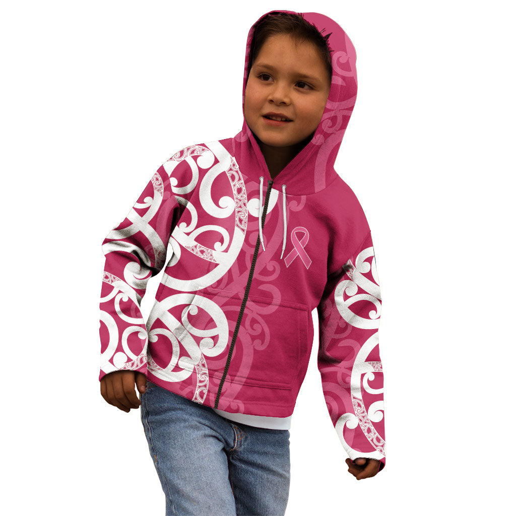 Breast Cancer Pink October Maori Kid Hoodie Koru Kowhaiwhai