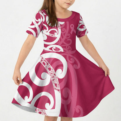 Breast Cancer Pink October Maori Kid Short Sleeve Dress Koru Kowhaiwhai