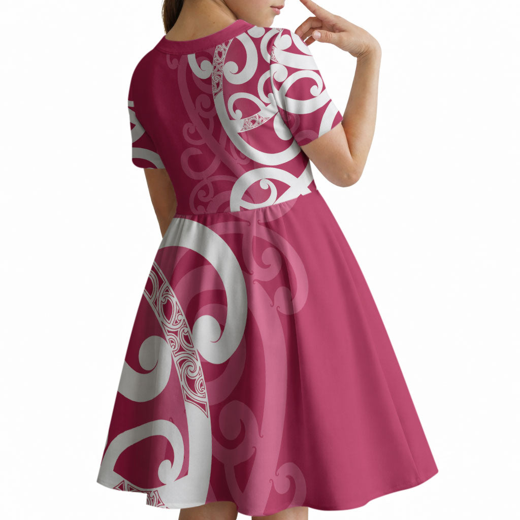 Breast Cancer Pink October Maori Kid Short Sleeve Dress Koru Kowhaiwhai