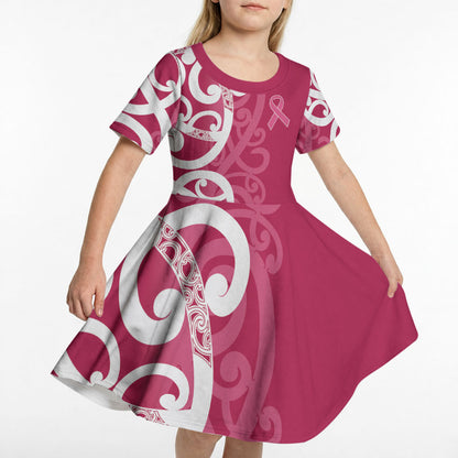 Breast Cancer Pink October Maori Kid Short Sleeve Dress Koru Kowhaiwhai