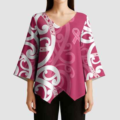 Breast Cancer Pink October Maori Kimono Sleeve Blouse Koru Kowhaiwhai