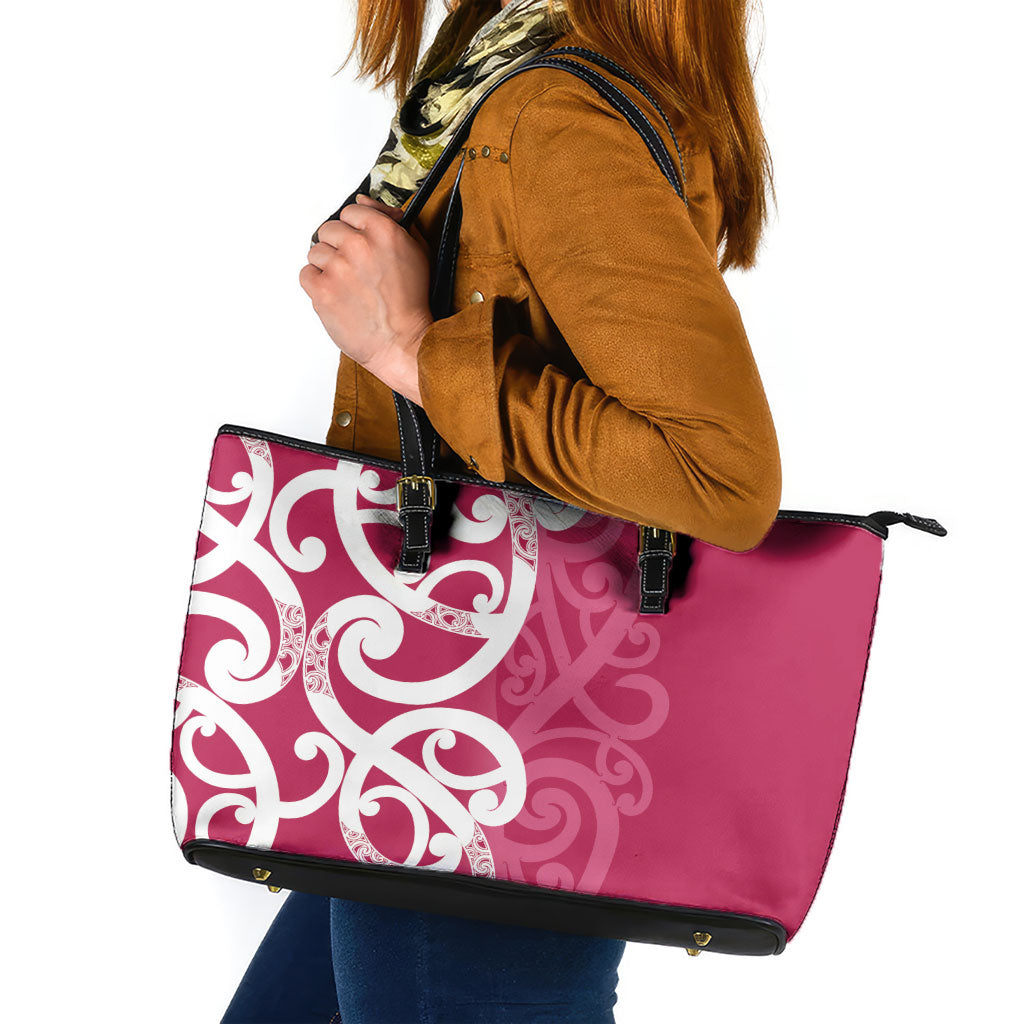 Breast Cancer Pink October Maori Leather Tote Bag Koru Kowhaiwhai
