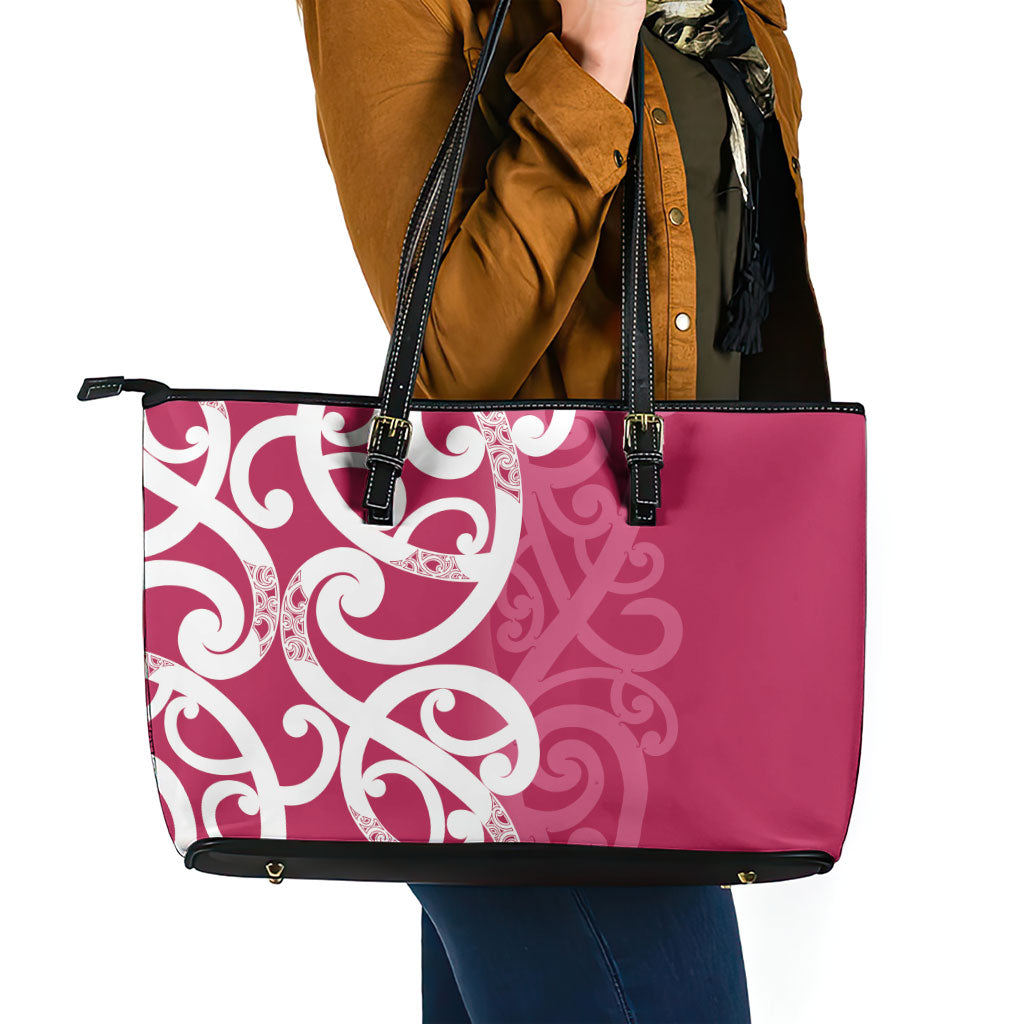 Breast Cancer Pink October Maori Leather Tote Bag Koru Kowhaiwhai
