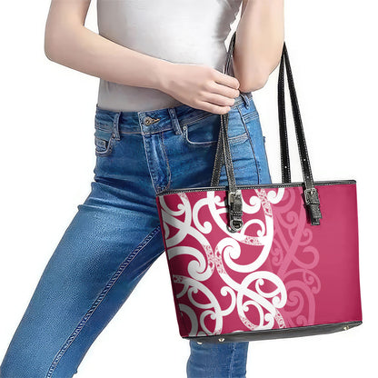 Breast Cancer Pink October Maori Leather Tote Bag Koru Kowhaiwhai