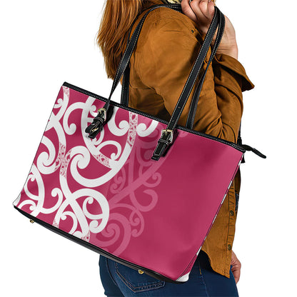 Breast Cancer Pink October Maori Leather Tote Bag Koru Kowhaiwhai