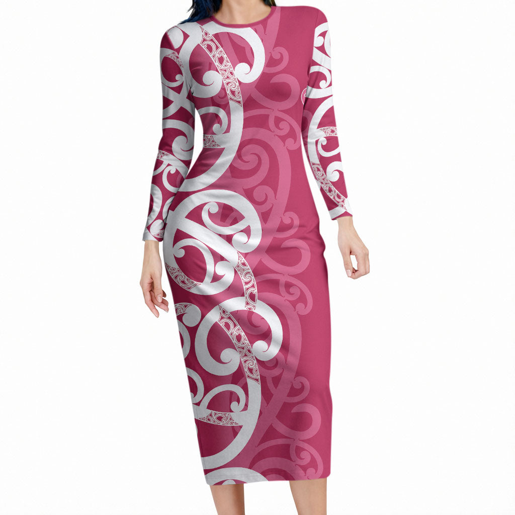 Breast Cancer Pink October Maori Long Sleeve Bodycon Dress Koru Kowhaiwhai