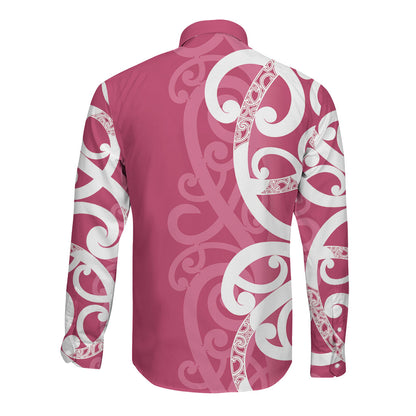 Breast Cancer Pink October Maori Long Sleeve Button Shirt Koru Kowhaiwhai