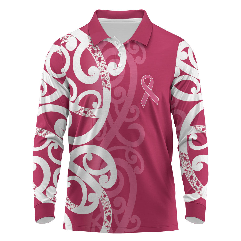 Breast Cancer Pink October Maori Long Sleeve Polo Shirt Koru Kowhaiwhai