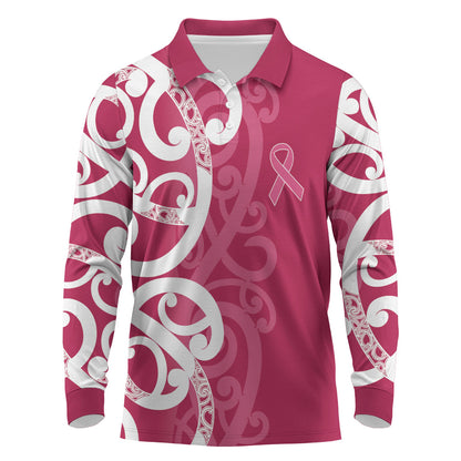 Breast Cancer Pink October Maori Long Sleeve Polo Shirt Koru Kowhaiwhai